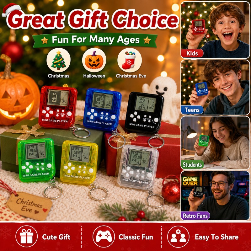 Gaming Console Mini - เครื่องเล่นเกมมินิเททริสแบบพกพา พร้อมพวงกุญแจ ตกแต่งกระเป๋าเป้